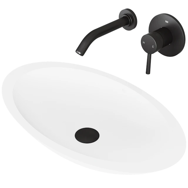 Matte Stone Wisteria Composite Oval Vessel Bathroom Sink in White with Olus Faucet and Pop-Up Drain - angle 1 - other