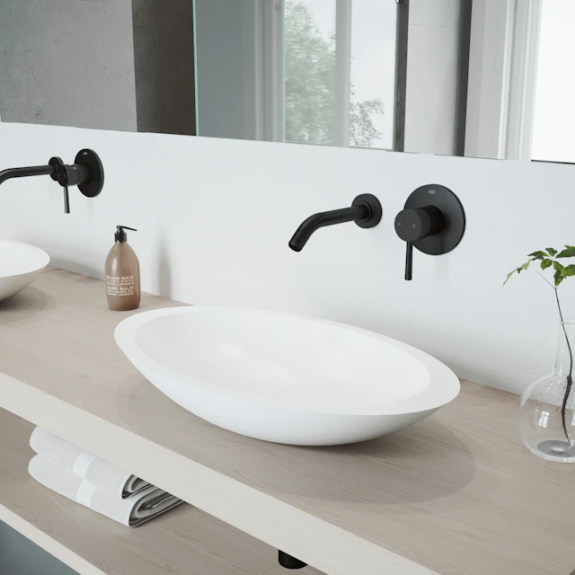 Matte Stone Wisteria Composite Oval Vessel Bathroom Sink in White with Olus Faucet and Pop-Up Drain - angle 3 - other