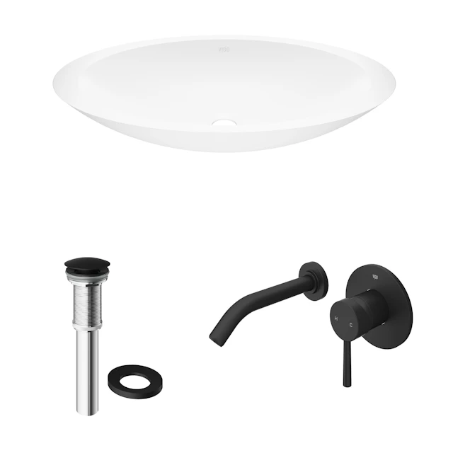 Matte Stone Wisteria Composite Oval Vessel Bathroom Sink in White with Olus Faucet and Pop-Up Drain - angle 4 - other