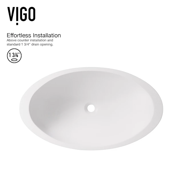 Matte Stone Wisteria Composite Oval Vessel Bathroom Sink in White with Olus Faucet and Pop-Up Drain - angle 5 - other
