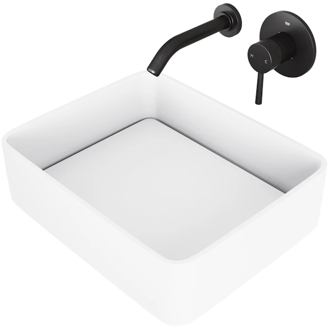 Matte Stone Jasmine Composite Rectangular Vessel Bathroom Sink in White with Olus Faucet and Pop-Up Drain - angle 1 - other