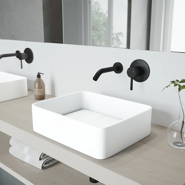 Matte Stone Jasmine Composite Rectangular Vessel Bathroom Sink in White with Olus Faucet and Pop-Up Drain - angle 2 - other