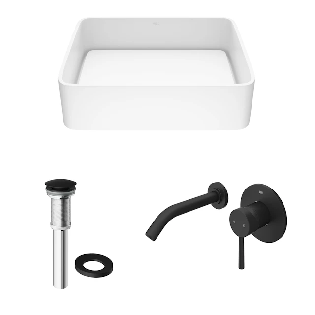 Matte Stone Jasmine Composite Rectangular Vessel Bathroom Sink in White with Olus Faucet and Pop-Up Drain - angle 3 - other