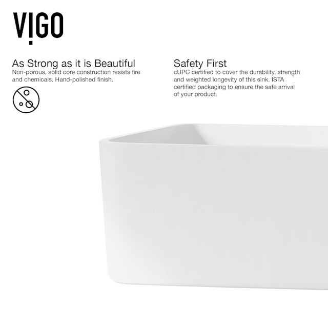Matte Stone Jasmine Composite Rectangular Vessel Bathroom Sink in White with Olus Faucet and Pop-Up Drain - angle 5 - other