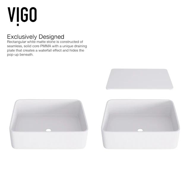 Matte Stone Jasmine Composite Rectangular Vessel Bathroom Sink in White with Olus Faucet and Pop-Up Drain - angle 6 - other