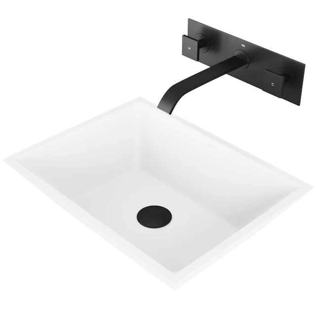 Matte Stone Vinca Composite Rectangular Vessel Bathroom Sink in White with Titus Faucet and Pop-Up Drain - angle 1 - other