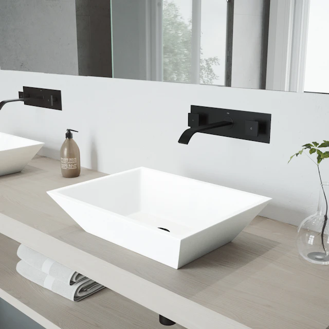 Matte Stone Vinca Composite Rectangular Vessel Bathroom Sink in White with Titus Faucet and Pop-Up Drain - angle 3 - other