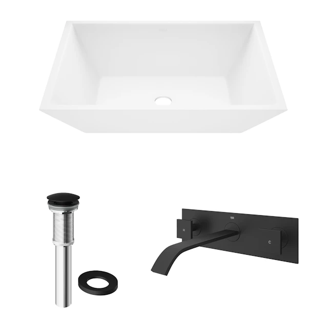 Matte Stone Vinca Composite Rectangular Vessel Bathroom Sink in White with Titus Faucet and Pop-Up Drain - angle 4 - other