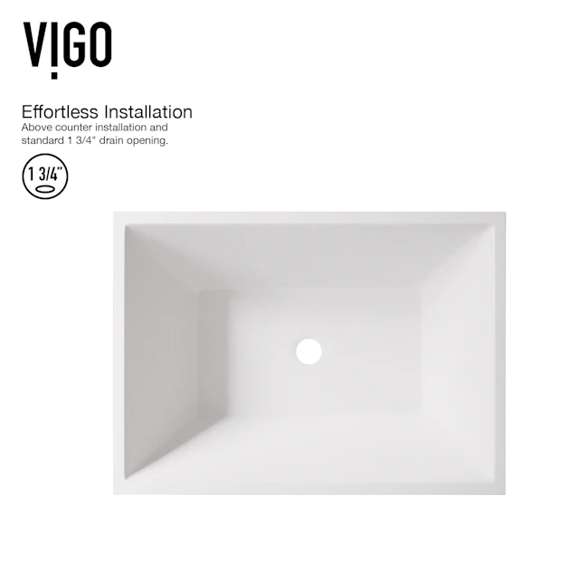 Matte Stone Vinca Composite Rectangular Vessel Bathroom Sink in White with Titus Faucet and Pop-Up Drain - angle 5 - other