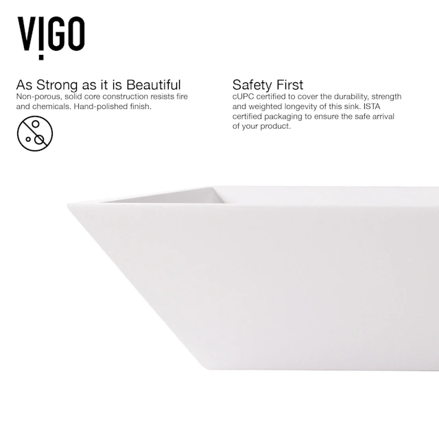 Matte Stone Vinca Composite Rectangular Vessel Bathroom Sink in White with Titus Faucet and Pop-Up Drain - angle 6 - other