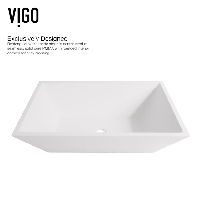 Matte Stone Vinca Composite Rectangular Vessel Bathroom Sink in White with Titus Faucet and Pop-Up Drain - angle 7 - other